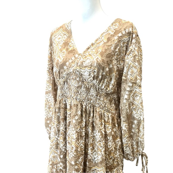 Cupio Boho Smocked Ikat Midi Dress Tiered Flowy V Neck Brown Tan XL NWT - Picture 10 of 16